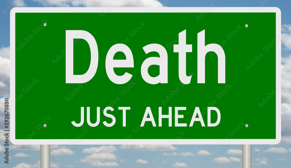 Rendering of a green 3d highway sign for Death