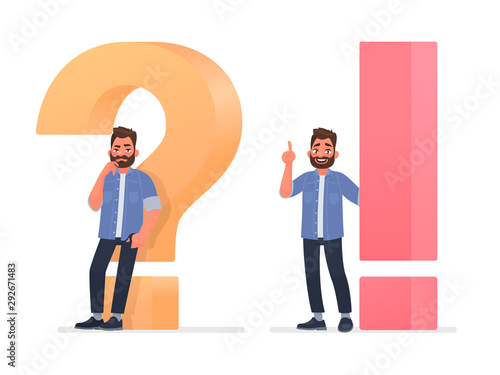 Concept of thinking and the emergence of ideas. A thinking or doubting man is near a big question mark