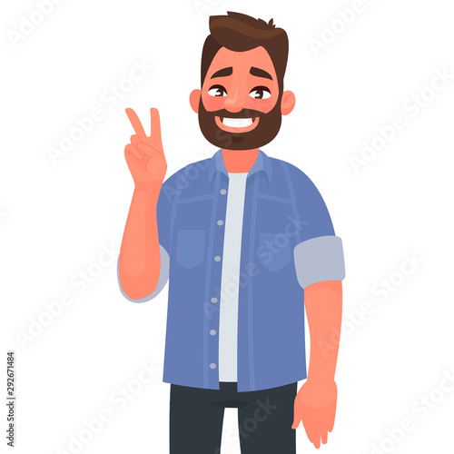 Bearded man shows victory gesture. A sign of success and peace. Vector illustration