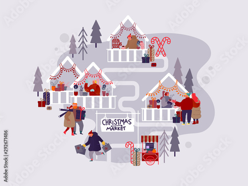 People Characters with Holiday scenes on Christmas market or holiday outdoor fair on town square. Man and Woman shopping, buying presents, snacks and drinking mulled wine. Vector illustration
