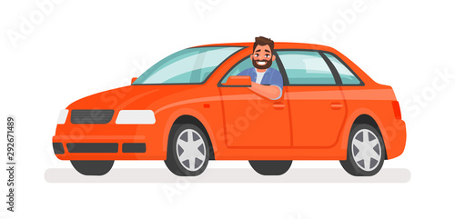 Happy man in the car. Motorist driving a vehicle on an isolated background. Vector illustration