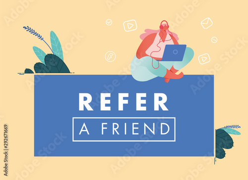 Refer a friend vector illustration Concept, Woman with Computer. Referral marketing loyalty program, promotion method. For landing page, template, ui, web, mobile app, poster, banner, flyer