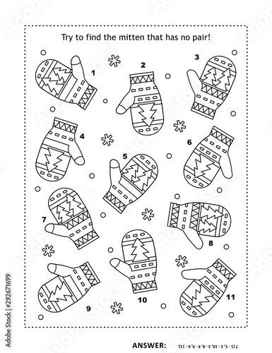 Puzzle and coloring page with mittens. Match the pairs. Spot the odd one out. Answer included.