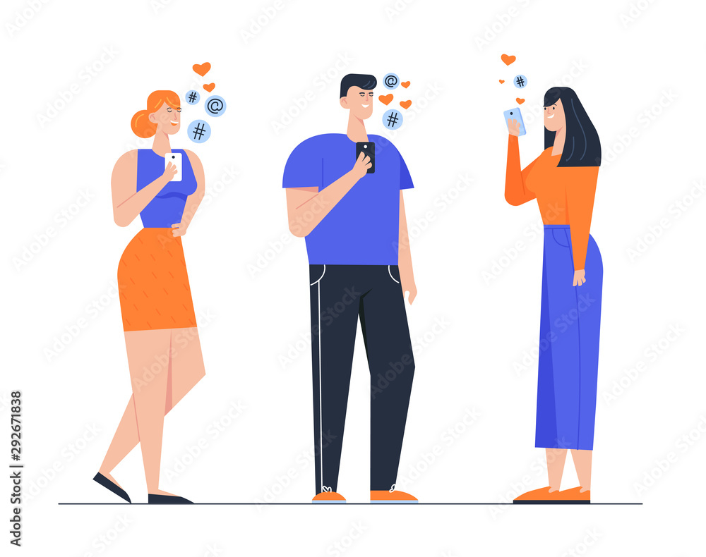 Smm Concept. Young People Characters Chatting in Social Networks. Man and Women Communicating Online with Mobile Devices as Smartphones with Social Media Icons Around. Cartoon Flat Vector Illustration