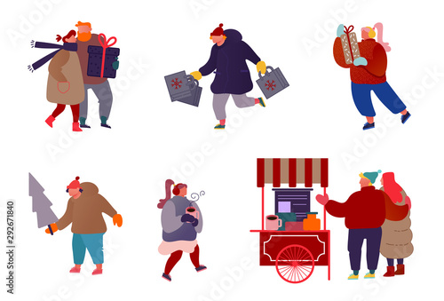 Set of People Characters with Holiday scenes on Christmas market or holiday outdoor fair on town square. Man and Woman shopping, buying presents, snacks and drinking mulled wine. Vector illustration