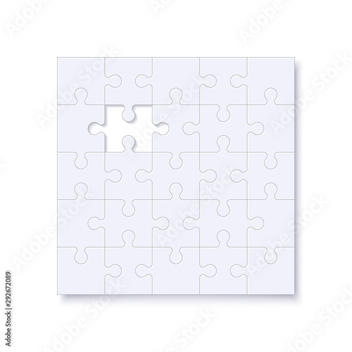 Puzzles template with square grid and shadow. Jigsaw puzzle with missing piece, jigsaws detail frame for business presentation. Vector illustration.