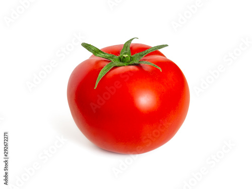 Red tomato with stalk isolated on white background