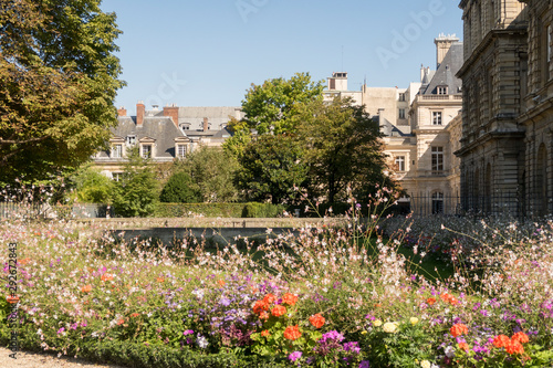 Paris, France - Sept 04, 2019: Luxembourg Palace with flowers. Paris, France.