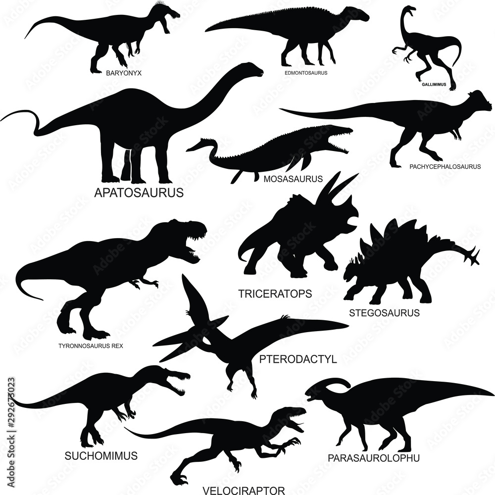 set of dinosaurs silhouette with name