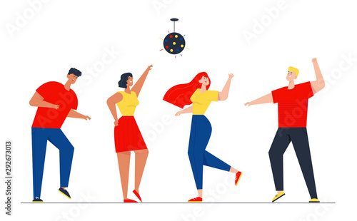 Happy People Clubbing and Dancing Disco at Night Club Stage DJ Music Party. Men and Women Characters Dance at Nightclub, Nightlife Event under Stroboscope Disco Light. Cartoon Flat Vector Illustration