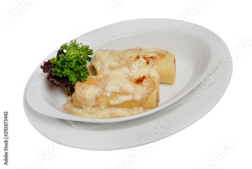 Homemade pancakes with meat and cheese on a white plate on white isolated background