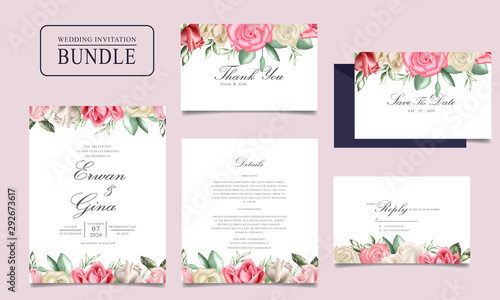 Wedding invitation card bundle with watercolor floral and leaves