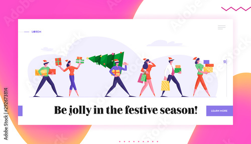 Corporate Party Website Landing Page. Happy Friends Carry Christmas Tree for Winter Season Holidays. Business People Walking with Gifts and Greetings Web Page Banner. Cartoon Flat Vector Illustration