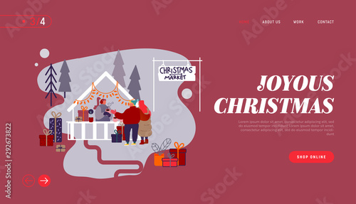 Man and Woman on Christmas Market Internet advertisement. Landing page with People characters doing shopping on Xmas fair, buying gifts for New Year Party Website. Cartoon Flat Vector Illustration
