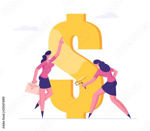 Employee Paint Dollar Sign with Roller under Boss Management. Rich Businesswoman Making Saving and Increasing Capital. Financial Goal Achievement, Profit and Wealth Cartoon Flat Vector Illustration