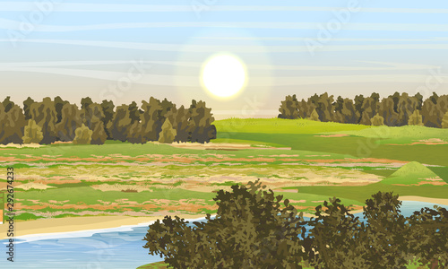 Thickets of bushes and trees on the banks of the river. Autumn forest on background of blue sky with the sun. Realistic vector landscape