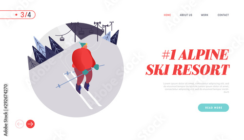 People Skiing Website Landing Page. Man Skier Winter Season Sport Activity at Mountain Resort with Snow and Funicular, Recreation Lifestyle Web Page Banner Concept. Vector Illustration