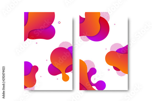 Vector set of fluid isolated abstract geometric violet and orange gradient shape brochure for modern website and graphic design on the white background. Concept of dynamic liquid composition.