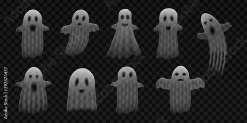 Vector set of realistic isolated Ghosts for template decoration and invitation covering on the transparent background. Concept of Happy Halloween.