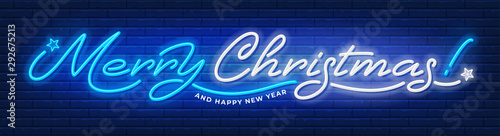 Merry Christmas and Happy New Year text written by luminous neon. Unusual and bright inscription. Brick wall on background. Vector illustration. 