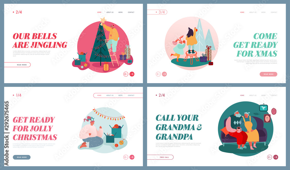 Fototapeta premium Set of Website Landing Pages of Winter Festive Season, Xmas Celebration. Christmas Holidays Celebrating. People Characters Decorate Christmas Tree, giving presents Web Page Banner. Vector Illustration
