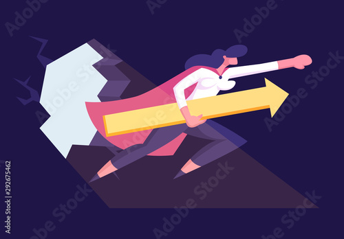 Businesswoman in Super Hero Cloak with Arrow in Hand Breaking Wall Hitting Barrier Light Fall through Hole on Floor. Start Up, Investments Growth and Working Success. Cartoon Flat Vector Illustration