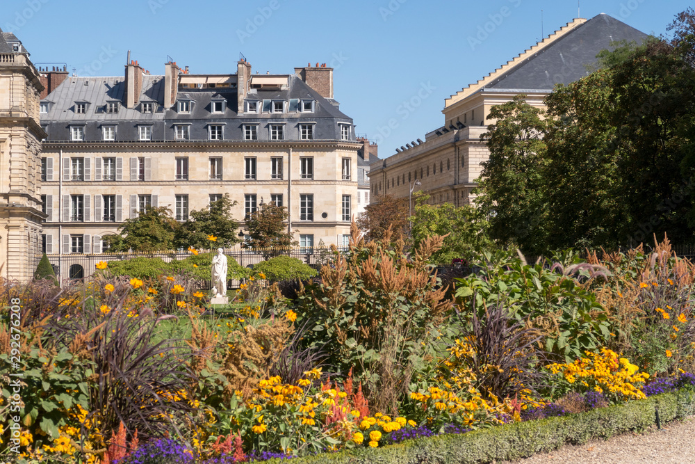 Paris, France - Sept 04, 2019: Luxembourg Palace with flowers. Paris, France.