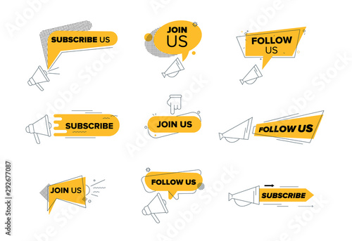 Follow Us, Subscribe and Join Us Banners or Tags Set in Line Art Style Loudspeaker and Pointing Hand Decor Elements. Typography Cards Design, Account Social Media Logo Cartoon Flat Vector Illustration