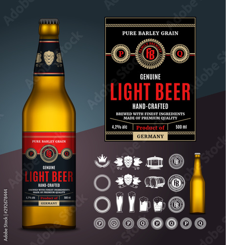 Vector beer label. Glass bottle mockup. Beer icons, badges, insignia