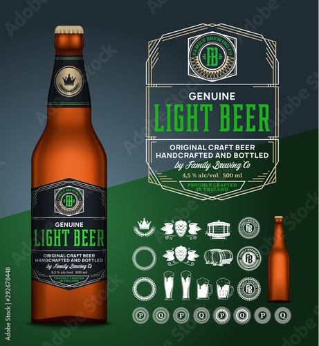 Vector beer label. Glass bottle mockup. Beer icons, badges, insignia
