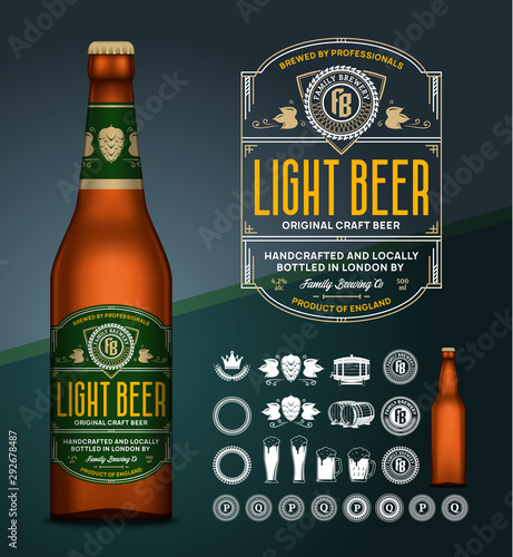 Vector beer label. Glass bottle mockup. Beer icons, badges, insignia