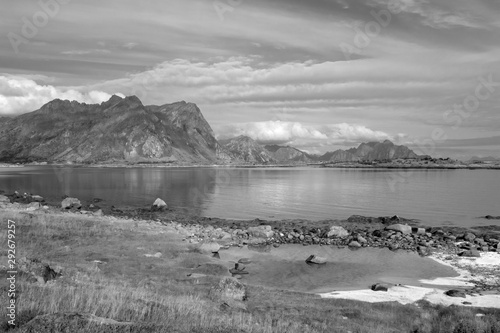 Black and white image of Skifjorden near Stamsund, Vestvagoy, Lofoten Islands, Norway