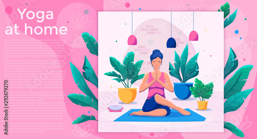 Woman doing yoga at home vector illustration. Healthy lifestyle.