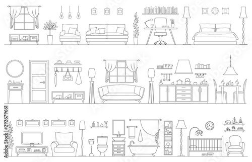 Set of different interiors in a linear style. Panorama of rooms and furniture. Outline elements. House inside, in a cut. Vector illustration.