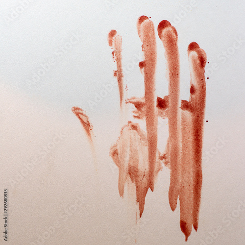 smeared bloody handprint on a white surface, short focus, toning