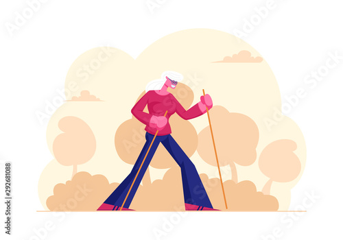 Happy Pensioner Woman Healthy Lifestyle and Outdoors Sport. Senior Female Character Exercising with Scandinavian Walking Sticks. Aged Lady Sports Activity Routing Cartoon Flat Vector Illustration