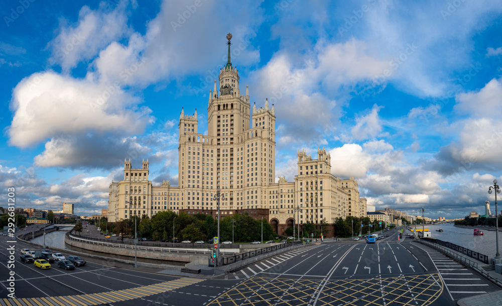 Moscow. High-rise building on Kotelnicheskaya embankment. Architecture of the Soviet Union period. Beautiful house with towers. The building on the embankment of the Moscow river.