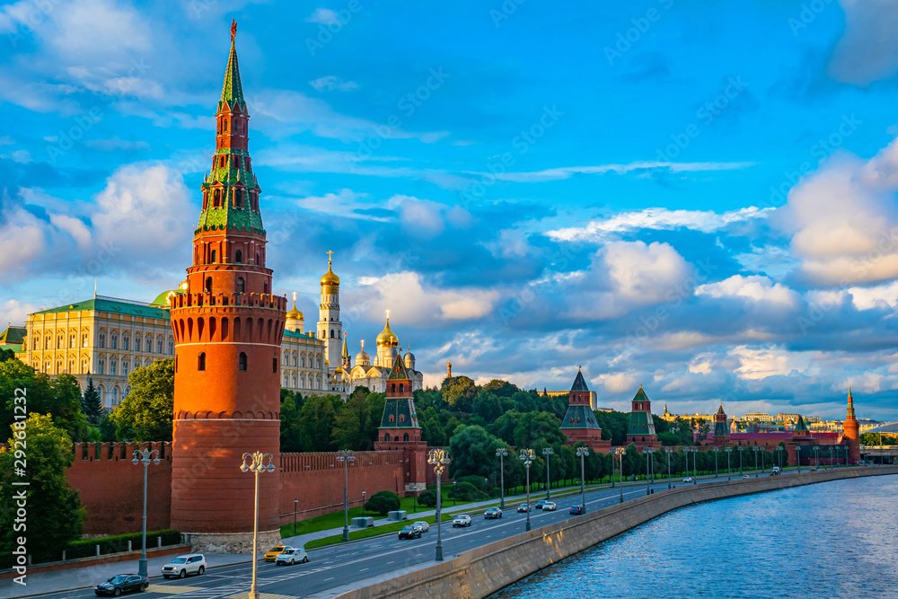 Fototapeta premium Moscow. Panorama of Moscow on a summer day. Kremlin embankment. Moscow river. Kremlin. Grand Kremlin palace. Churches. Business card of the capital of Russia. The capital of the Russian Federation.