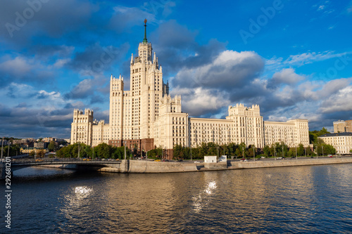 Moscow. High-rise building in the city center. House against gray clouds. symbol of Moscow. View from the water to the house on Kotelnicheskaya embankment. Panorama of Moscow on a summer day.