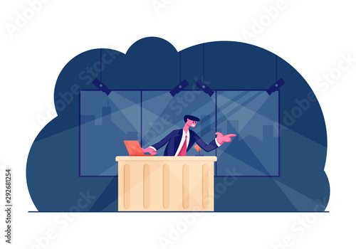 Night Entertainment Show. Tv Presenter Character Wearing Blazer with Tie Speaking at Table with Laptop and Microphone in Studio with Spotlights on Cityview Background Cartoon Flat Vector Illustration