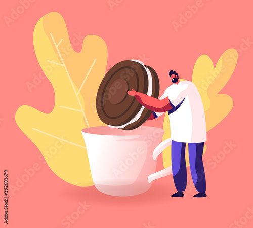 Man Dunking Chocolate Cookie with Cream to Cup with Hot Drink. Tiny Male Character Holding Huge Bakery, Giant Dessert for Birthday or Tea Party Event Celebration. Cartoon Flat Vector Illustration