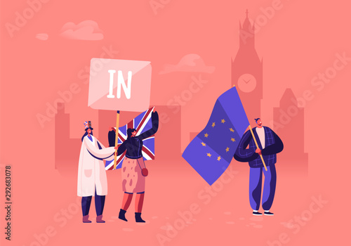 United Kingdom Politics Concept. Crowd of People with European Union Flag and Banner with Word In. Brexit Supporters Voting for Uk Stayed in European Countries Union Cartoon Flat Vector Illustration