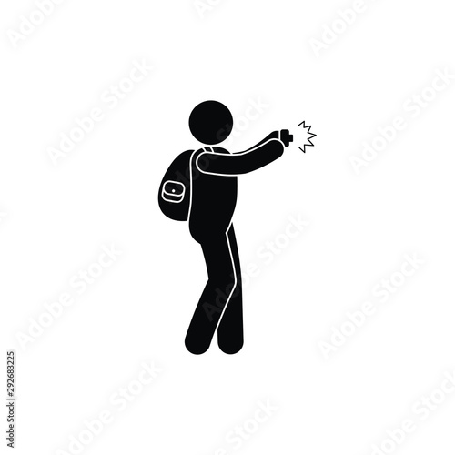 Man photographing. Tourist icon with a camera. Stick figure pictogram, human silhouette.