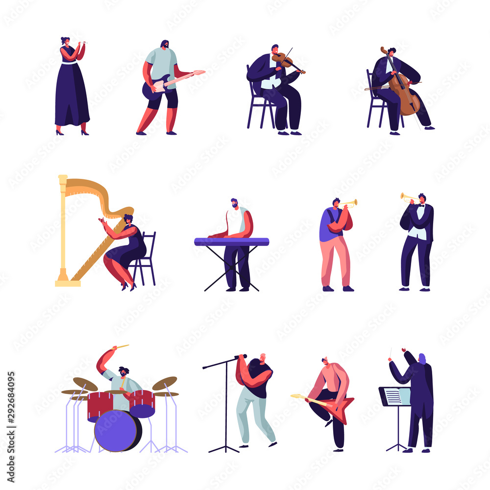 Classical and Popular Music Artists Set. Symphony Orchestra Players, Conductor and Rock Musicians with Different Instruments Performing on Stage Characters Performance Cartoon Flat Vector Illustration Classical and Popular Music Artists Set. Symphony Orchestra Players, Conductor and Rock Musicians with Different Instruments Performing on Stage Characters Performance Cartoon Flat Vector Illustration
