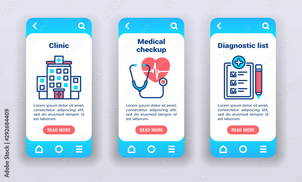 Medical examination on mobile app onboarding screens. Medical examination on mobile app onboarding screens.