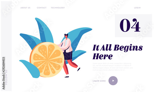 Vitamin Food for Cold Winter Season Spare Time or Tea Party Website Landing Page. Tiny Female Character Rolling Huge Lemon Slice as Ingredient for Tea Web Page Banner. Cartoon Flat Vector Illustration