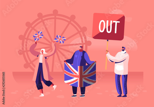 Crowd of People with Traditional Britain Flags Anti Brexit Supporters on Demonstration for United Kingdom Leaving European Union. International Politics Concept. Cartoon Flat Vector Illustration