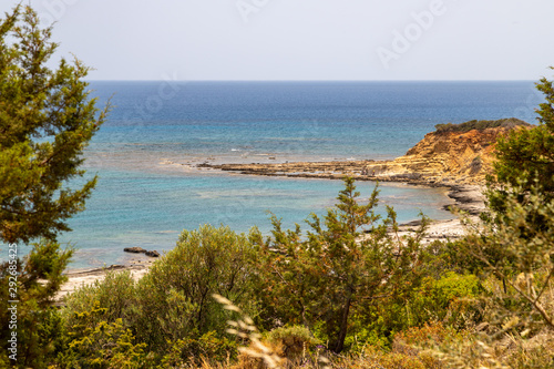 Scenic view at the coastline of Kiotari on Rhodes island, Greece with gravel beach
