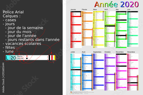 Calendrier 2020, calques, vacances scolaires, Saints, 12 mois