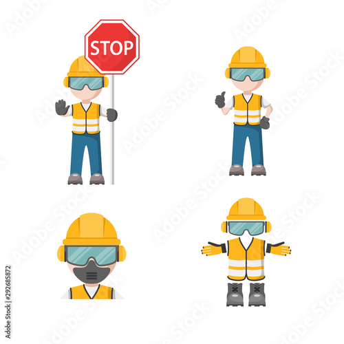 Person design with his personal protection equipment with industrial safety stop icon	